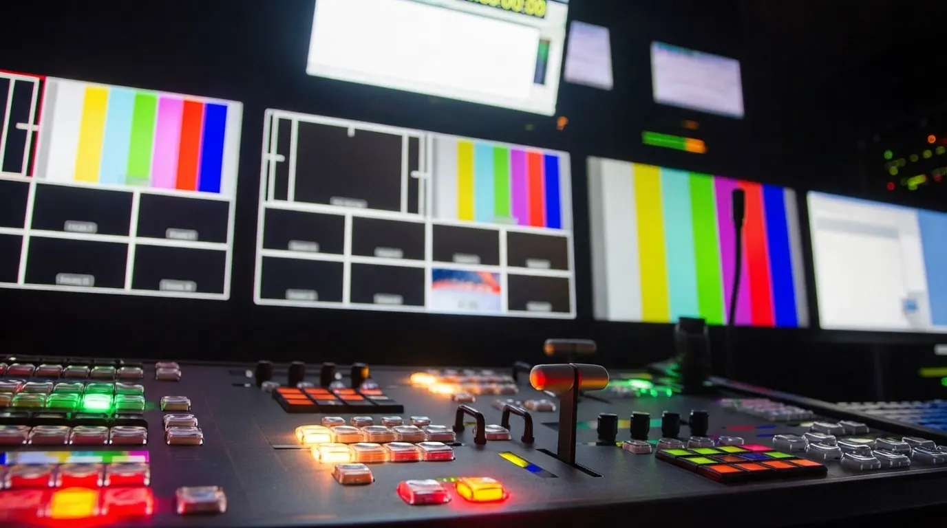 Mesa de corte e monitores em uma central de codificação audiovisual